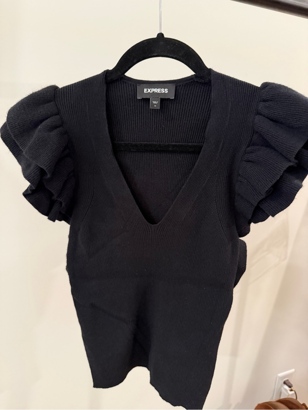 Express Black Ribbed V‑Neck Top with Ruffle Sleeves